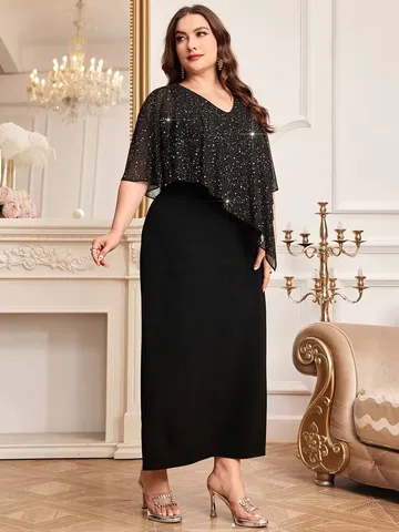 Women Plus Size Sequin Maxi Dress Elegant V Neck Batwing Sleeve Patchwork Party Long Dress Loose Fit Comfortable Night Gown Black Dress