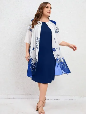 Women Plus Size Floral Print Midi Dress Set Short Sleeve Crew Neck Casual Summer Two Piece Outfit Polyester Mesh Stitching Elegant Set