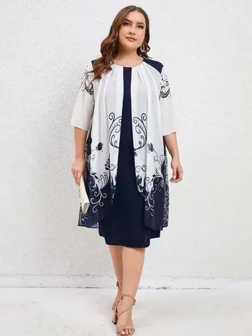 Women Plus Size Floral Print Midi Dress Set Short Sleeve Crew Neck Casual Summer Two Piece Outfit Polyester Mesh Stitching Elegant Set