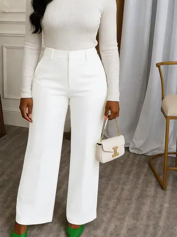Pantaloni da Abito a Gamba Larga a Vita Alta da Donna Pantaloni Dritti Larghi Casual Tinta Unita Taglie Forti Poliestere Giuntato