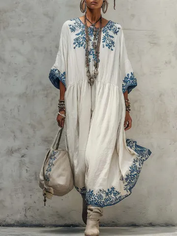 Women's Bohemian Floral Print Maxi Dress Vintage Round Neck Batwing Three-Quarter Sleeve Loose Casual Holiday Beach Party Dress