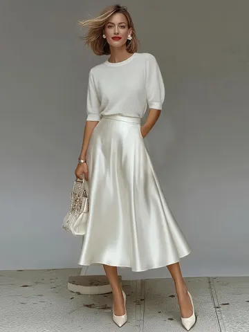 Elegant Women Satin A-Line Midi Skirt High Waist Glossy Solid Color Commuter Office Fashion Casual Silk-Like Flowy Skirt
