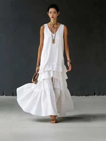 Women's Sleeveless V-Neck Maxi Dress Elegant Plain Color Loose Fit Tiered Ruffle Hem Casual Flowy Polyester Long Dress For Vacation