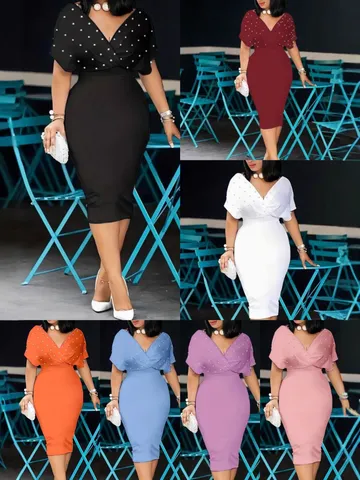 Elegant Urban V-Neck Short Sleeve Midi Dress For Women Solid Color Bodycon Dress With Artificial Pearl Decoration Party Office Wear