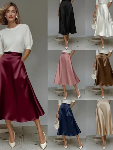 Elegant Women Satin A-Line Midi Skirt High Waist Glossy Solid Color Commuter Office Fashion Casual Silk-Like Flowy Skirt