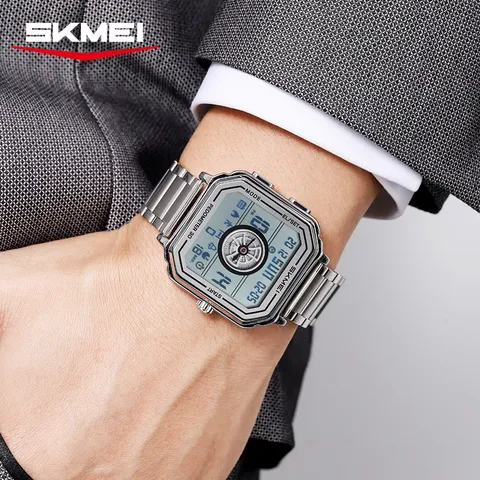 Orologio Digitale da Uomo Quadrato alla Moda Con Pedometro 3D Multifunzione Sport Orologio Elettronico Cassa in Lega di Zinco Cinturino in PU Acciaio Inossidabile Impermeabile