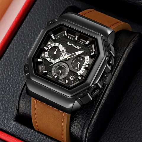 SKMEI Orologio al Quarzo Multifunzione da Uomo Business Impermeabile Cinturino in Pelle Silicone Moda Casual Calendario