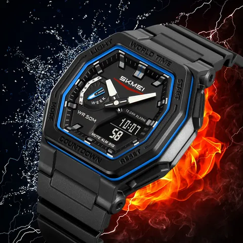 SKMEI Men Sports Digital Watch Water Resistant LED Light Dual Display World Time Alarm Countdown Fashion Outdoor Wristwatch