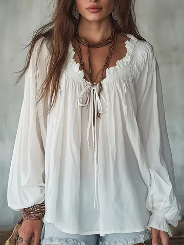 Women V Neck Ruffle Long Sleeve Blouse Loose Tie Front Casual Solid Color Lantern Sleeve Polyester Shirt Elegant Top