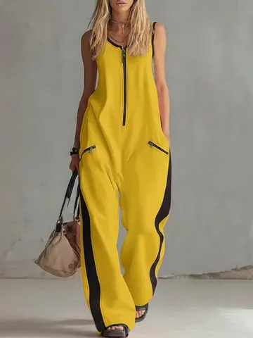 Mono Sin Mangas para Mujer Casual Holgado Cuello Redondo Diseño de Cremallera Pata Ancha Romper Poliéster Patchwork Raya Lateral Traje de Una Pieza