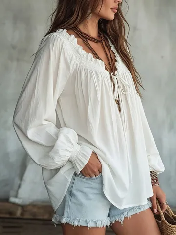 Women V Neck Ruffle Long Sleeve Blouse Loose Tie Front Casual Solid Color Lantern Sleeve Polyester Shirt Elegant Top