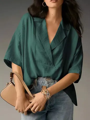 Women Elegant Solid Color Lapel Shirt Casual Loose Dropped Shoulder Pullover Top Polyester Spandex Blouse Summer Fashion Clothing Office Lady Work Wear Chic Tunics