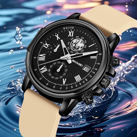 Herren Business Casual Chronograph Quarzuhr Wasserdichtes Silikonarmband Römisches Zifferblatt Multi-Zifferblatt Kalender Armbanduhr