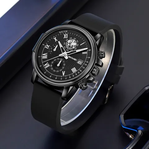 Herren Business Casual Chronograph Quarzuhr Wasserdichtes Silikonarmband Römisches Zifferblatt Multi-Zifferblatt Kalender Armbanduhr