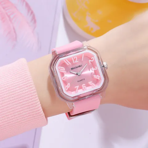 Orologio al Quarzo SKMEI con Cassa Trasparente per Uomo Donna Studente Cinturino in Silicone Quadrante Quadrato Impermeabile 30M Orologio da Polso Casual Coppia