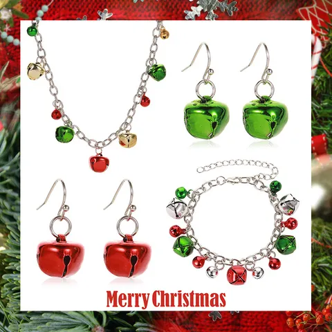 Alloy Christmas Colorful Bell Pendant Necklace Bracelet Earrings Set Electroplated Jingle Bell Jewelry Set For Women Party Decor