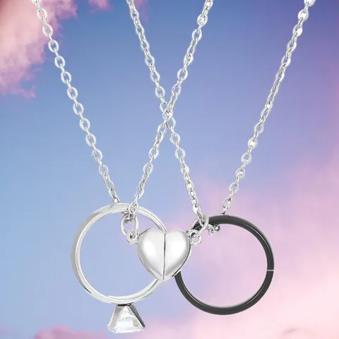 Romantic Alloy Rhinestone Couple Matching Necklace Set Magnetic Heart Pendant Ring Necklaces For Lovers Dating Valentine Jewelry Gift