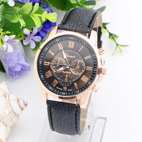 Damen Mode Genf Quarzuhr Roségold Römische Ziffern Lederarmband Student Armbanduhr Damen Casual Analog Uhr