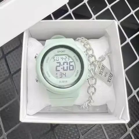 Preppy Style Minimalist Digital Watch For Students Rubber Strap Sport Electronic Watch With Metal Chain Bracelet Gift Box Set