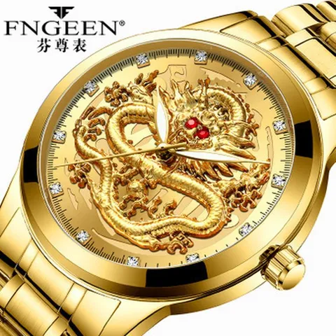 Herren Chinesischer Drache Relief Quarzuhr Wasserdichtes Edelstahlband Strass Zifferblatt Mode Business Leuchtende Armbanduhr