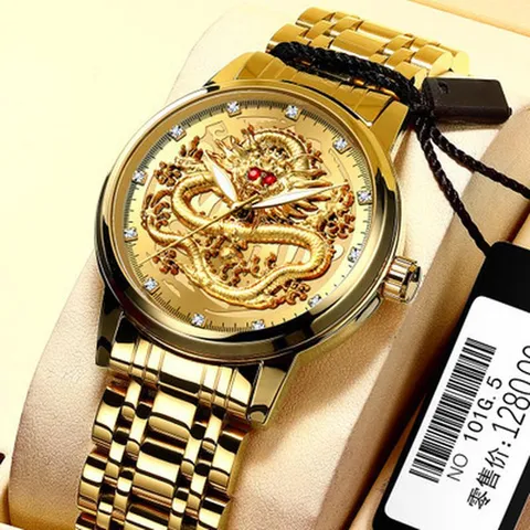Herren Chinesischer Drache Relief Quarzuhr Wasserdichtes Edelstahlband Strass Zifferblatt Mode Business Leuchtende Armbanduhr