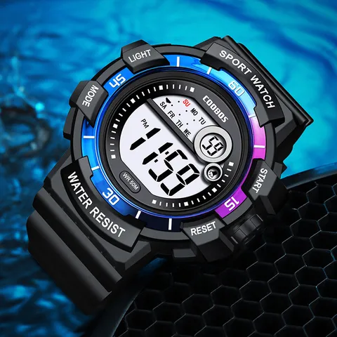 Teen Sport Digitaluhr Wasserdicht Student Multifunktionale Leuchtende Wecker Armbanduhr Kunststoff Harz Gehäuse PU Band Uhr
