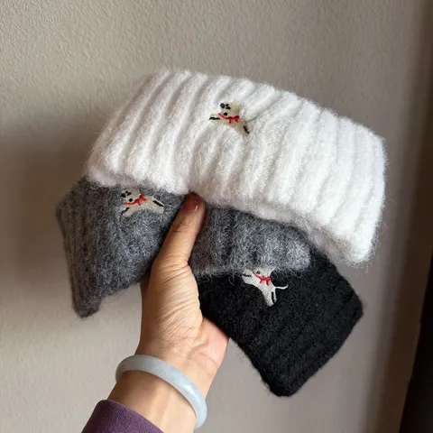 Unisex Knitted Yarn Headband Embroidered Cute Dog Pattern Winter Warm Thick Headwrap For Men Women Daily Casual Hair Accessories