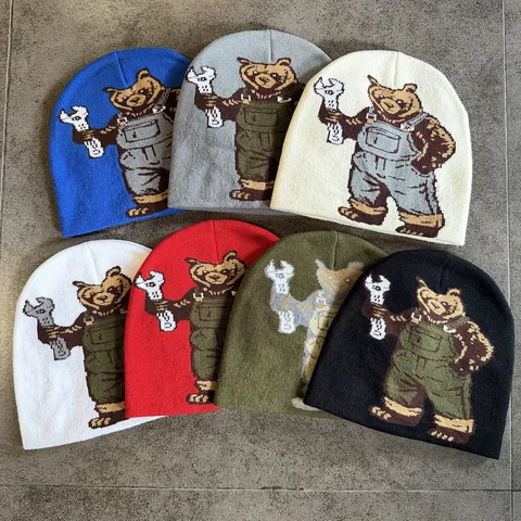 Hip Hop Unisex Cartoon Bär Jacquard Strickmütze Winter Warm Acryl Beanie Hut Für Herren Damen Casual Outdoor Skull Cap