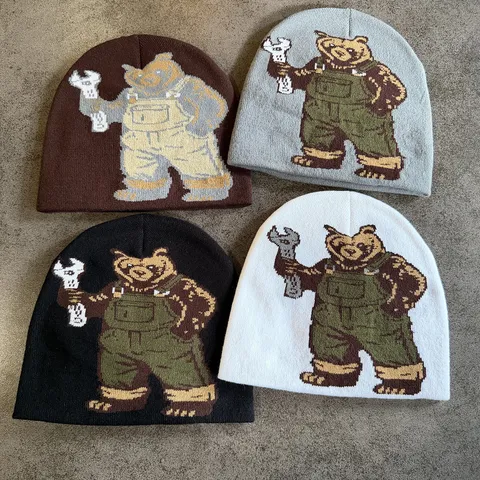 Hip Hop Unisex Cartoon Bär Jacquard Strickmütze Winter Warm Acryl Beanie Hut Für Herren Damen Casual Outdoor Skull Cap
