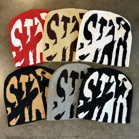 Hip Hop Acrylic Knit Beanie Hat Letters Pattern Contrast Color Warm Brimless Cuffed Beanie Skull Cap For Men Women Everyday