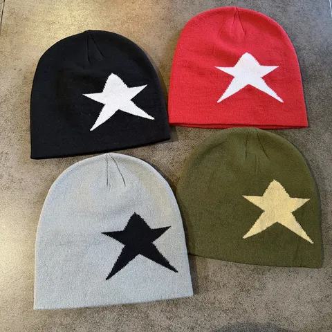 Street Fashion Acrylic Star Jacquard Beanie Knit Hat Warm Winter Windproof Color Block Brimless Slouchy Skull Cap For Men Women Everyday Outdoor Wear