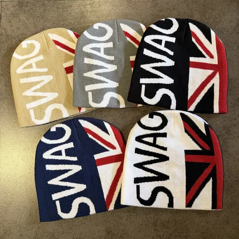 Trendy SWAG Letter Jacquard Gebreide Beanie Met Union Jack Vlag Voor Mannen Vrouwen Outdoor Warme Winter Acryl Knit Muts