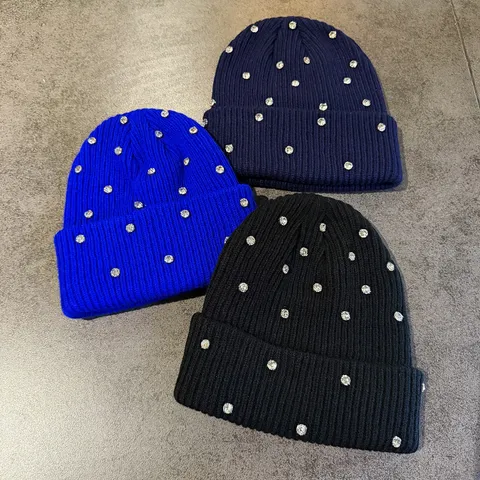 Women Rhinestone Beanie Hat Double Layer Warm Acrylic Knit Sparkly Crystal Cold Hat Outdoor Streetwear Fashion Winter Skull Cap