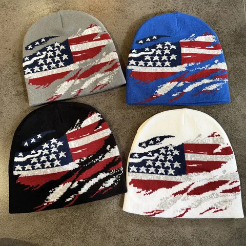 American Flag Knitted Beanie Hat Distressed US Star Stripe Pattern Warm Hip Hop Winter Hat Streetwear Skully Beanie Cap