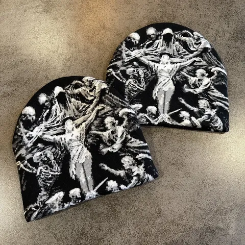 Modisch Y2K Acryl Strickmütze Beanie Gothic Porträt Totenkopf Muster Jacquard Warm Randlos Streetwear Mütze Für Herren Damen