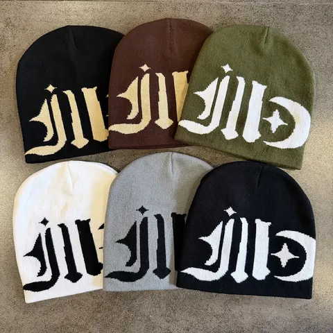 Gothic Letter Star Moon Pattern Knit Beanie Hat For Men Women Contrast Color Streetwear Hip Hop Warm Winter Skull Cap