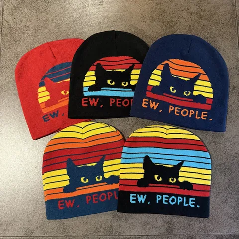Amerikanisches Retro Katze Streifen Strickmütze Ew People Buchstabe Jacquard Warme Skull Cap Unisex Kontrastfarbe Pullover Hut