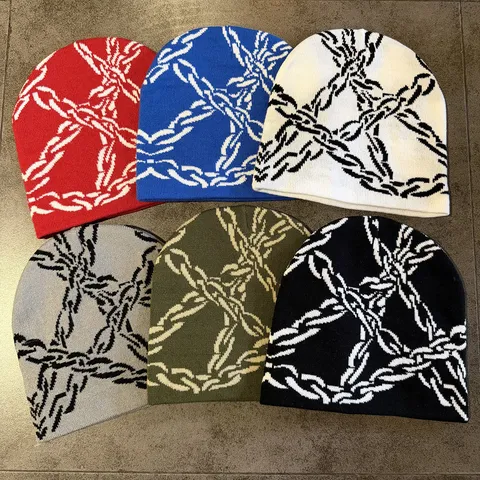 Y2K Streetwear Kettenmuster Strickmütze Wendbar Acrylmischung Warme Beanie Hip Hop Gothic Kreuz Link Stil Kopfbedeckung Für Herren Damen