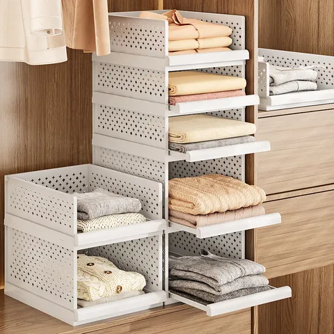 Wardrobe Storage Organizer Foldable Plastic Drawer Type Stackable Clothes Sorting Shelf Box Container For Closet Home Organization