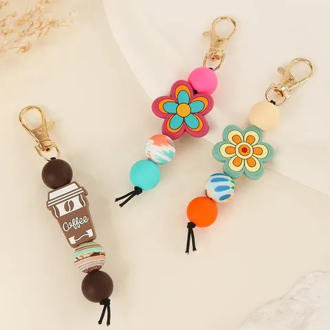 Silicone Bead Keychain Cute Flower Coffee Cup Pendant Bag Charm Handmade DIY Key Chain Ring Fashion Accessories Gift For Women