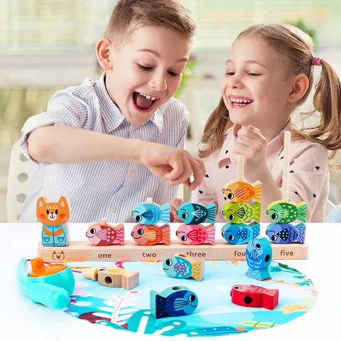 Giocattolo Impilabile di Pesca di Gatti in Legno Cognizione Digitale Gioco di Puzzle Educativo Giocattolo di Apprendimento Montessori Per Bambini