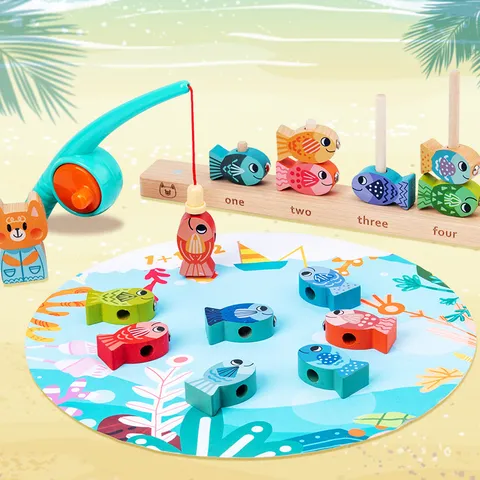 Giocattolo Impilabile di Pesca di Gatti in Legno Cognizione Digitale Gioco di Puzzle Educativo Giocattolo di Apprendimento Montessori Per Bambini