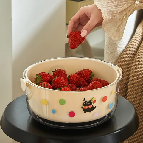 Double Layer Drain Basket Cute Cat Cartoon Polka Dot Fruit Washing Basin Plastic Kitchen Storage Colander