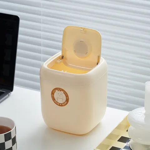 Cute Bear Desktop Trash Can Press Type Mini Garbage Storage Bin Plastic Office Bathroom Waste Basket With Lid