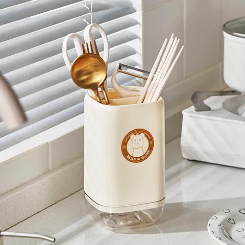 Creative Plastic Chopstick Holder Drainable Storage Bucket Cute Bear Desktop Organizer Kitchen Cutlery Spoon Fork Box