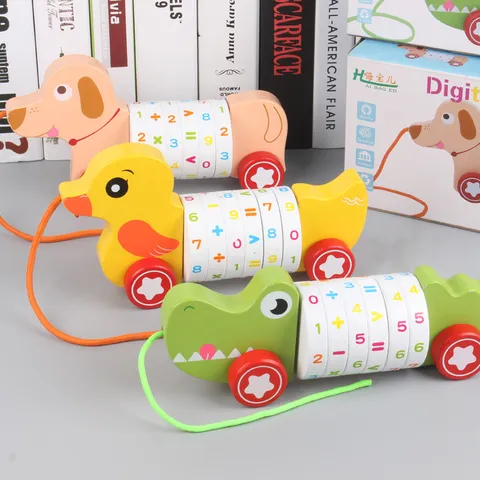 Wooden Educational Pull Along Toy Cart With Number Counting Cylinders Cartoon Animal Toddler Walking Toy Gift For Kids