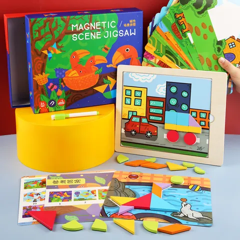 Kids Wooden Magnetic Scene Puzzle Educational Tangram Toy Box Montessori Learning Toys For Children Boys And Girls