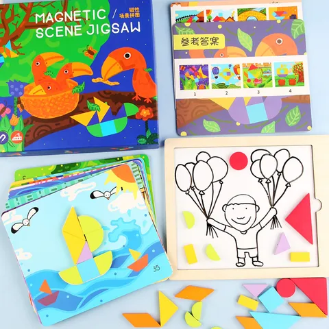 Kids Wooden Magnetic Scene Puzzle Educational Tangram Toy Box Montessori Learning Toys For Children Boys And Girls