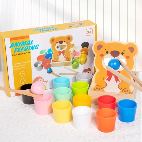 Wooden Children Fine Motor Feeding Toy Color Sorting Game Educational Toddler Toy Animal Feeding Interactive Play Set