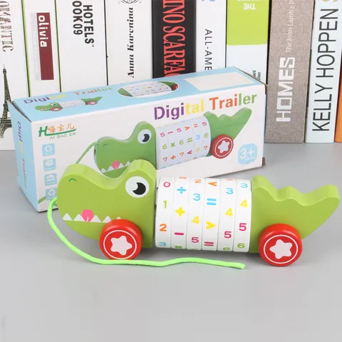 Wooden Educational Pull Along Toy Cart With Number Counting Cylinders Cartoon Animal Toddler Walking Toy Gift For Kids
